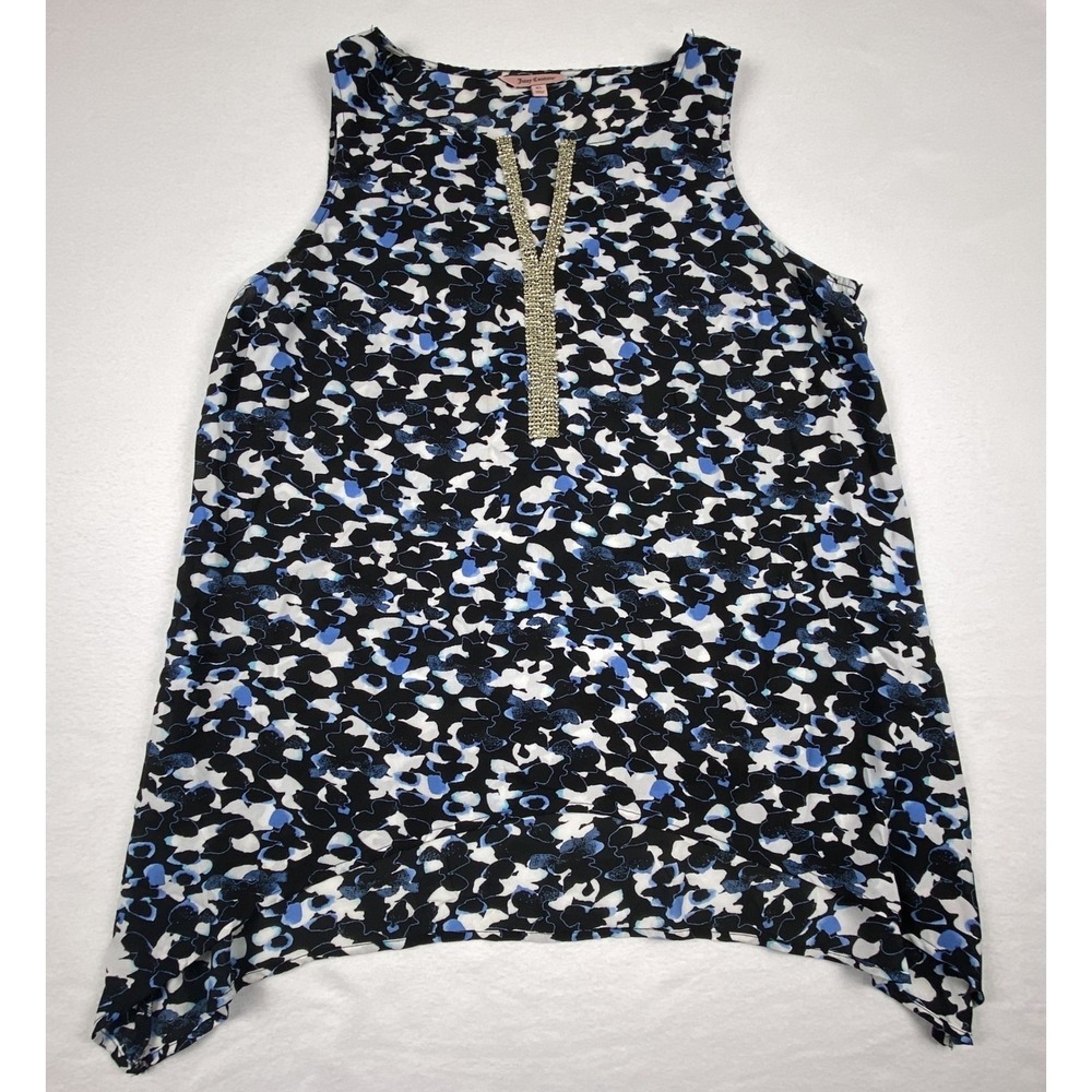 Juicy Couture Womens Blue Black White Abstract Floral Rhinestone Blouse Top XL